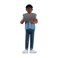 jeune homme aux cheveux bouclés tenant un ordinateur portable en se tenant debout illustration de personnage 3d png