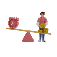 young man weigh coins with time 3d character illustration png