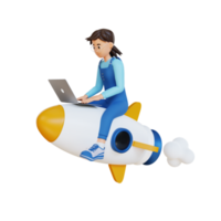 young girl flying on rocket 3d character illustration png