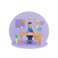 young girl studying on a chair 3D character illustration png