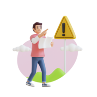 young man holding paper with warning sign nearby 3d character illustration png