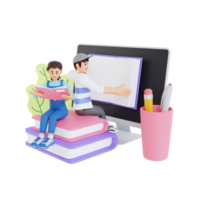 young man and girl reading a book while sitting on a pile of books with big computer screen 3d character illustration png