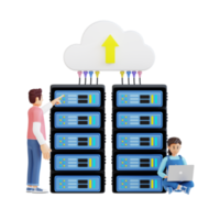young man standing pointing to server with cloud above, young girl sitting beside server using laptop 3d character illustration png