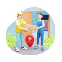 young woman receiving parcel from courier 3d character illustration png