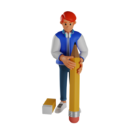 joven pelirrojo sosteniendo un lápiz gigante ilustración de personaje 3d png