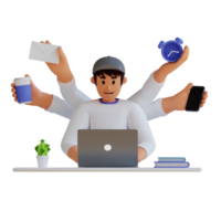 Young man busy with many hands work 3d character illustration png