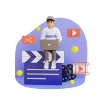 young man sitting on giant clapper board, 3d character illustration png