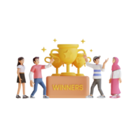 equipe de adolescentes comemora a conquista do sucesso segurando uma ilustração de personagem 3d de grande troféu png