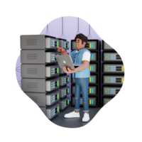 young man standing next to the server 3d character illustration png