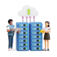 young man and girl with laptop in network server room 3d character illustration png