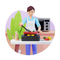 la joven madre está cocinando comida en la cocina ilustración de personajes 3d png