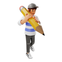 The young man in the hat is walking with a giant pencil 3d character illustration png