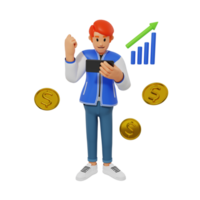 jeune homme avec téléphone portable et graphique qui monte, illustration de personnage 3d png