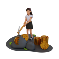 young girl digging coins from rock with pickaxe, 3d character illustration png