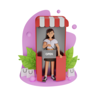 fille ouvrant un magasin illustration de personnage 3d png