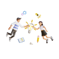 teenage boy and girl flying holding big light bulb 3d character illustration png