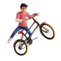 junger mann, der fahrrad fährt, während freistil 3d-charakterillustration png
