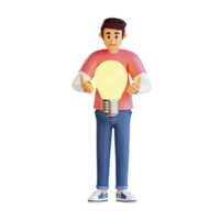 Young man and a giant light bulb 3d character illustration png