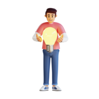 hombre joven y una bombilla gigante ilustración de personaje 3d png