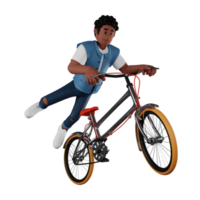 joven de pelo rizado montando una bicicleta ilustración de personaje 3d png