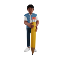 Curly haired young man holding a giant pencil 3d character illustration png