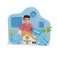 jeune homme regarde la maison à travers une loupe, illustration de personnage 3d png