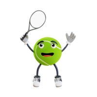 mascota de la pelota de tenis saltando mientras sostiene la ilustración de personaje 3d de la raqueta png