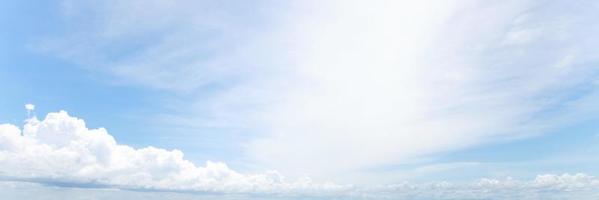 Beautiful clear blue sky background with tiny plain white cloud on morning time rays sunlight. space for text. soft focus. photo