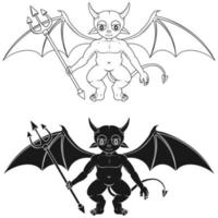 diseño vectorial dos pequeños diablos de diferentes colores con tridentes y alas demoníacas vector