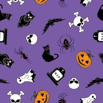 Vector design of pattern with characteristic elements of the Halloween party. Halloween pattern with bat, ghost, black cat, spiders, skulls and pumpkin
