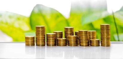 Business Finance and Money concept, Money coin stack growing graph with green tree bokeh background,investment concept photo