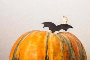 orange pumpkin and paper bats on white table, halloween concept photo