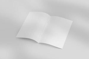 Realistic top view opened portrait A4 or A5 magazine or brochure booklet for stationery and branding. Mockup template with isolated on light grey background and leaf shadow overlay. 3D rendering. photo