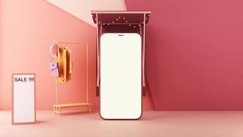 phone screen surrounded by women's clothes on hangers and mannequin with gift box and shopping cart bag on pink background in the concept for selling online clothes with text massage stop motion loop video