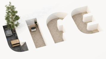 isometrisches zuhause 2022büro in hausalphabetform, konzept der arbeit von zu hause aus, ziel des lebens, work-life-balance mit möbeln, die im täglichen leben verwendet werden. in Weiß- und Holztönen, 3D-Rendering geloopt video