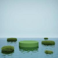 podio cilíndrico verde abstracto en la superficie del agua 3d renderizar ilustración foto