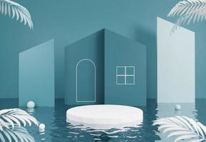 Pedestal podium on water surface with minimal house 3D render illustration photo