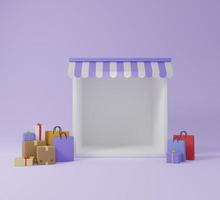 Blank product display store box with shopping bags and gift boxes 3D render illustration photo