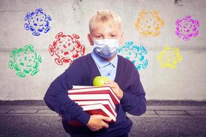 Young boy with protection mask against corona virus at school. photo