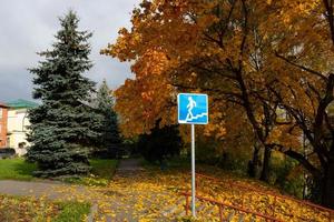 Road signs on a clear autumn day. Road safety concept photo