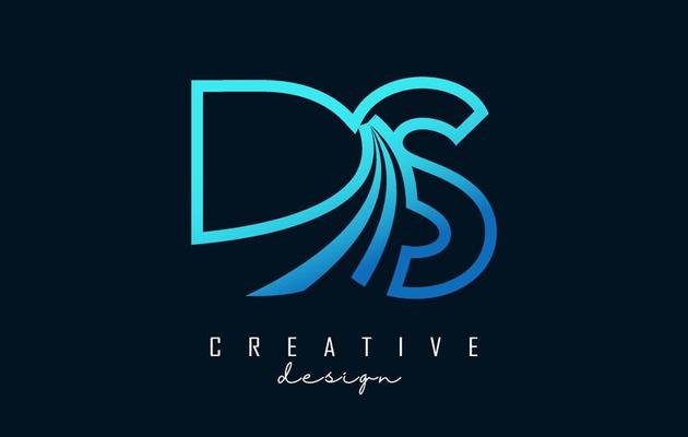Outline blue letters DS d s logo with leading lines and road concept design. Letters with geometric design.