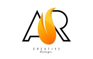 Outline Vector illustration of abstract letters AR a r with fire flames and Orange Swoosh design.