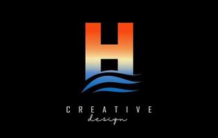 Sunset effect letter H logo with waves lines. Letter with geometric waves and sunset design. vector