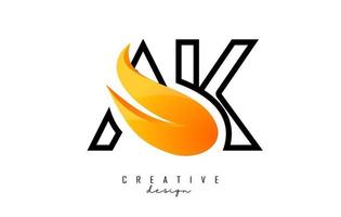 esbozar ilustración vectorial de letras abstractas ak ak con llamas de fuego y diseño de swoosh naranja. vector