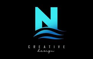 Wave effect blue letter N logo with leading lines. Letter with geometric and waves design. vector