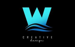 Wave effect blue letter W logo with leading lines. Letter with geometric and waves design. vector