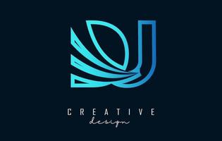 Outline blue letters Dj d j ogo with leading lines and road concept design. Letters with geometric design. vector