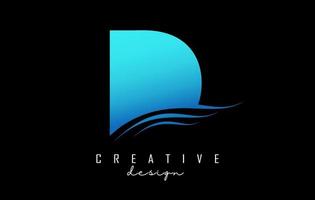 Wave effect blue letter D logo with leading lines. Letter with geometric and waves design. vector