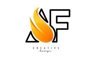 Outline Vector illustration of abstract letters AF a f with fire flames and Orange Swoosh design.