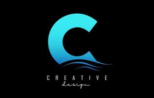 Wave effect blue letter C logo with leading lines. Letter with geometric and waves design. vector